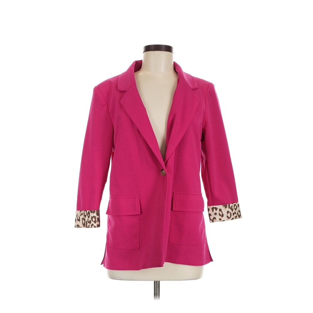 Andree by Unit Blazer Womens Medium Pink Excellent Leopard Print Cuffed Sleeve